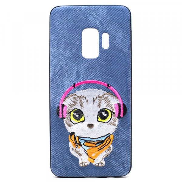 Wholesale Galaxy S9+ (Plus) Design Cloth Stitch Hybrid Case (Blue Cat)